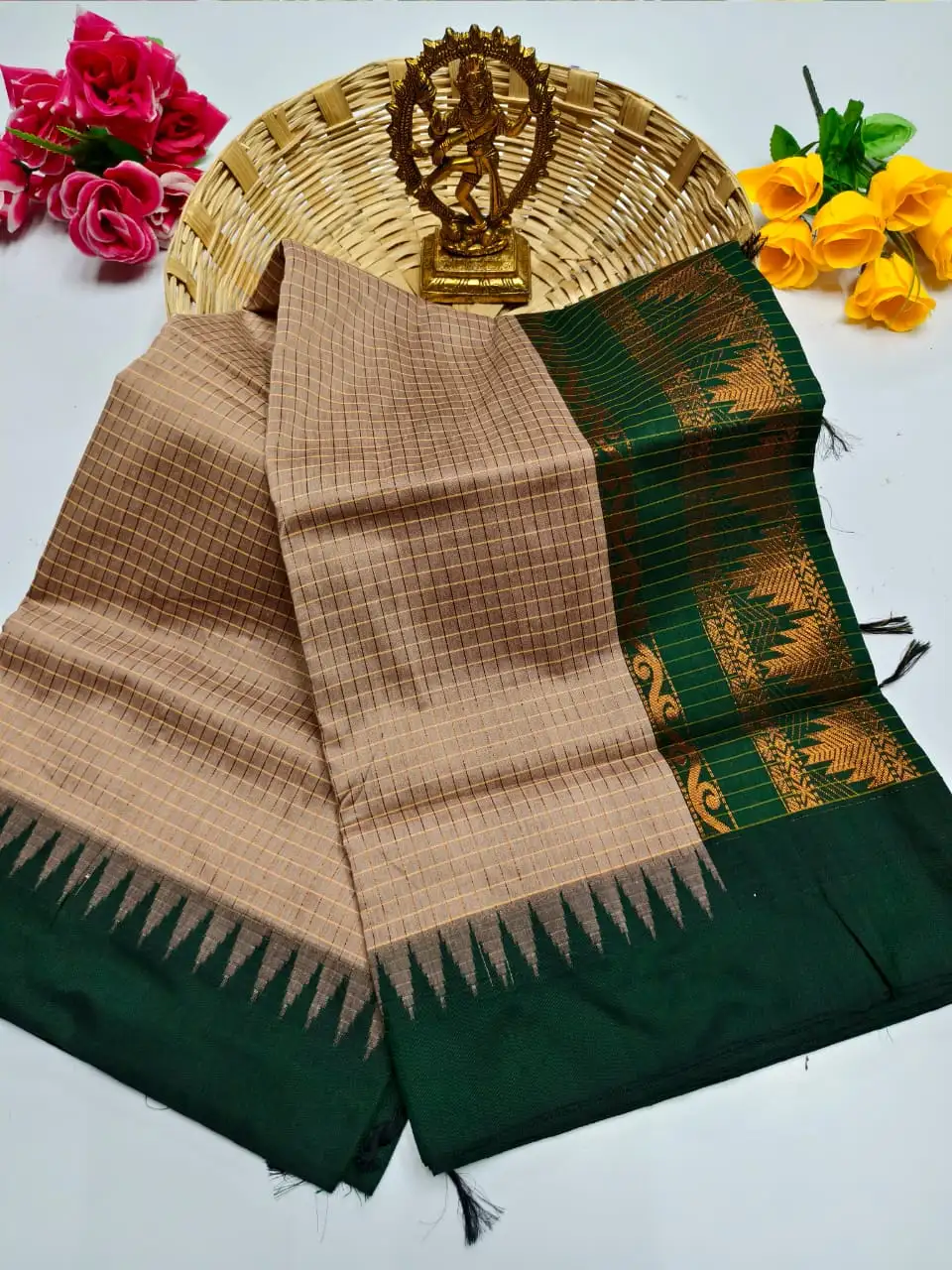 Beige Checked Bottle Green Floral Zari Cotton Saree